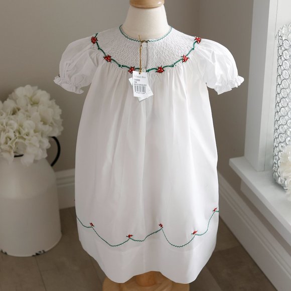 White Smocked Feltman Brothers Bishop Dress Red Green Embroidery NWT ADORABLE - Picture 5 of 5